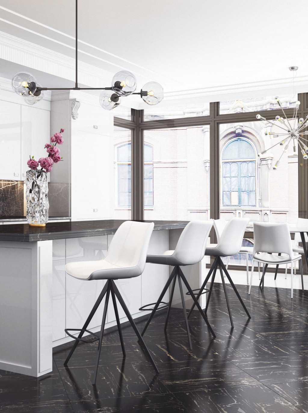 兩件套 39 英寸白色和黑色鋼製低背櫃檯高度酒吧椅帶腳踏板