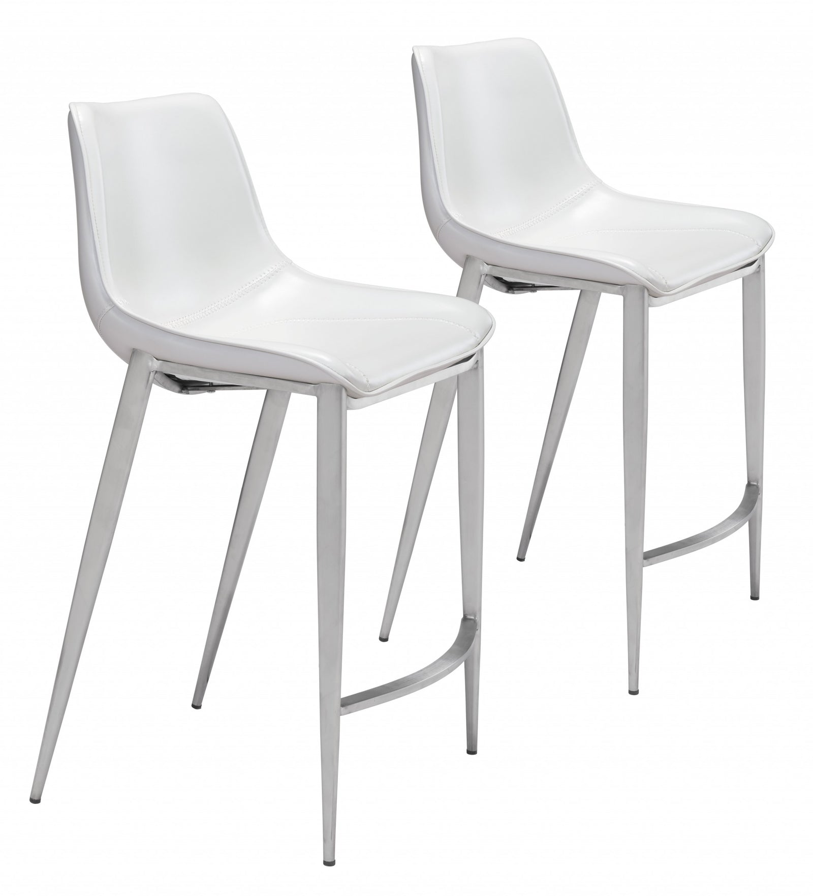 Set Of Two 40" White And Silver Steel Low Back Counter Height Bar Chairs With Footrest