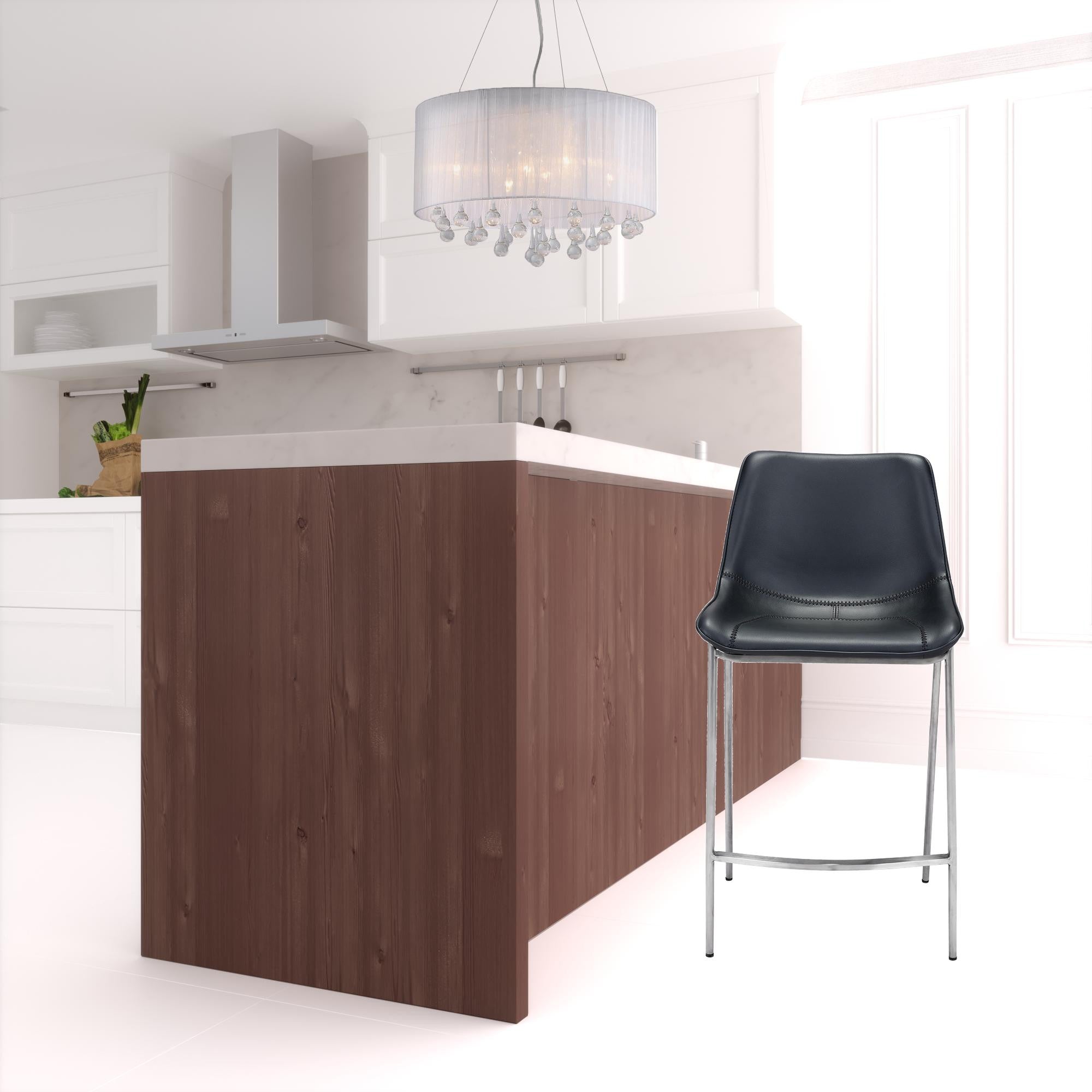 兩件套 40 英寸黑色和銀色鋼質低靠背櫃檯高吧椅帶腳凳