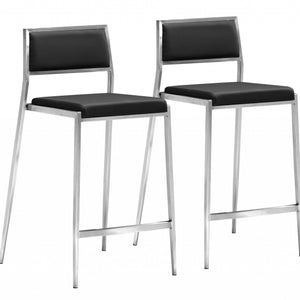 Set Of Two 36" Black And Silver Steel Low Back Counter Height Bar Chairs With Footrest
