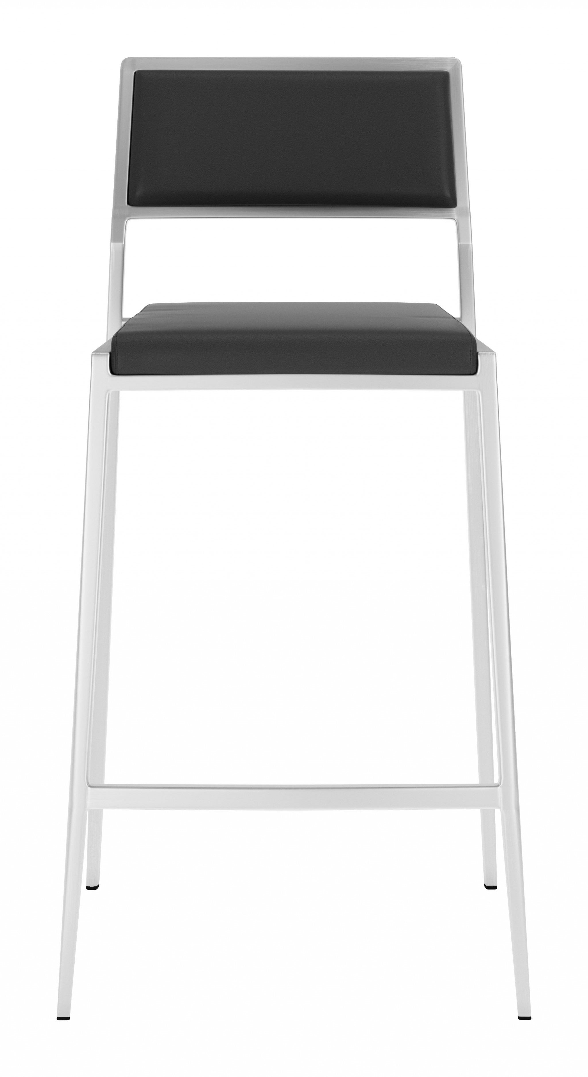 Set Of Two 36" Black And Silver Steel Low Back Counter Height Bar Chairs With Footrest