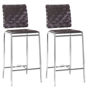 Set Of Two 39" Espresso And Silver Low Back Counter Height Bar Chairs With Footrest