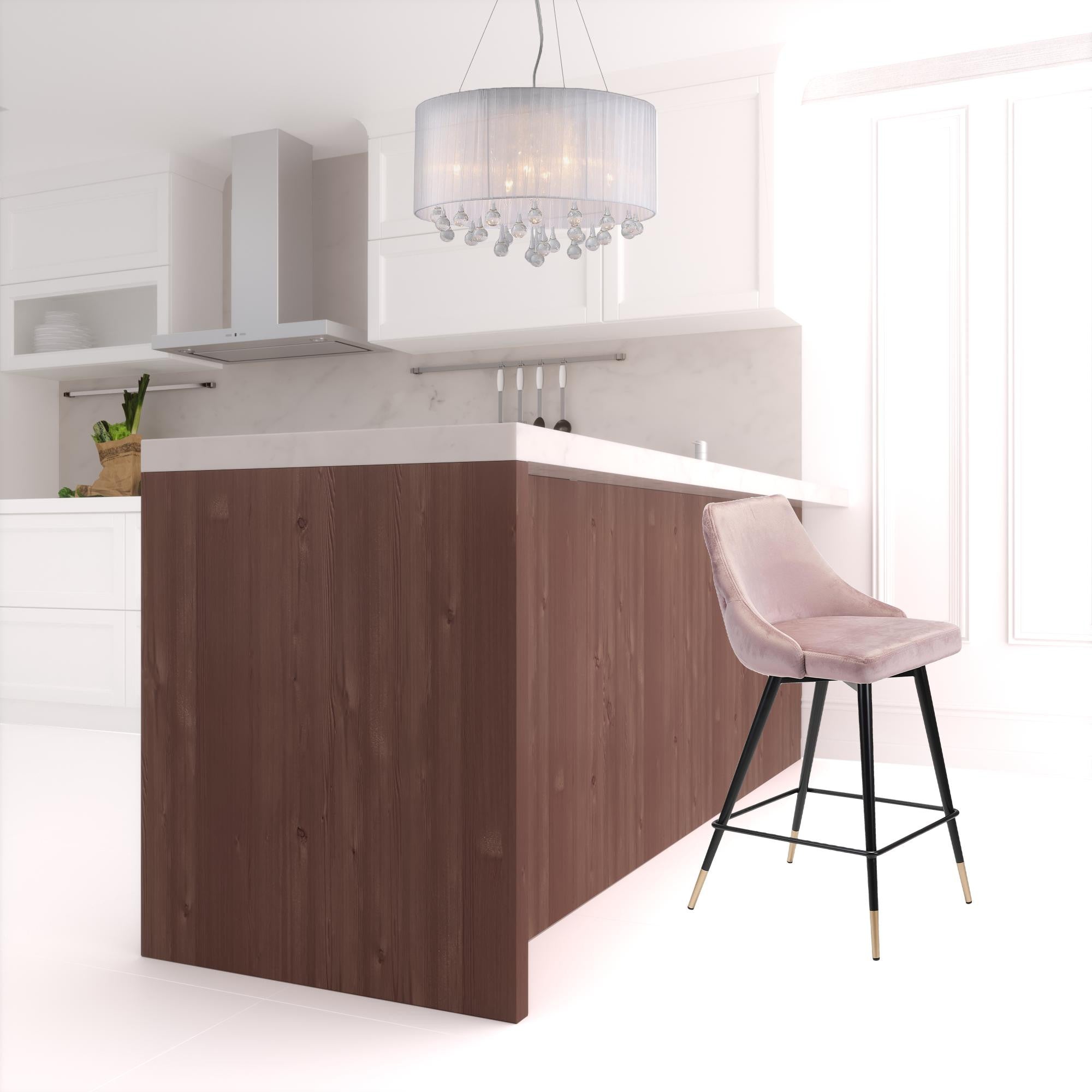 36 英寸粉色簇絨天鵝絨和黑色櫃檯高吧椅帶腳凳