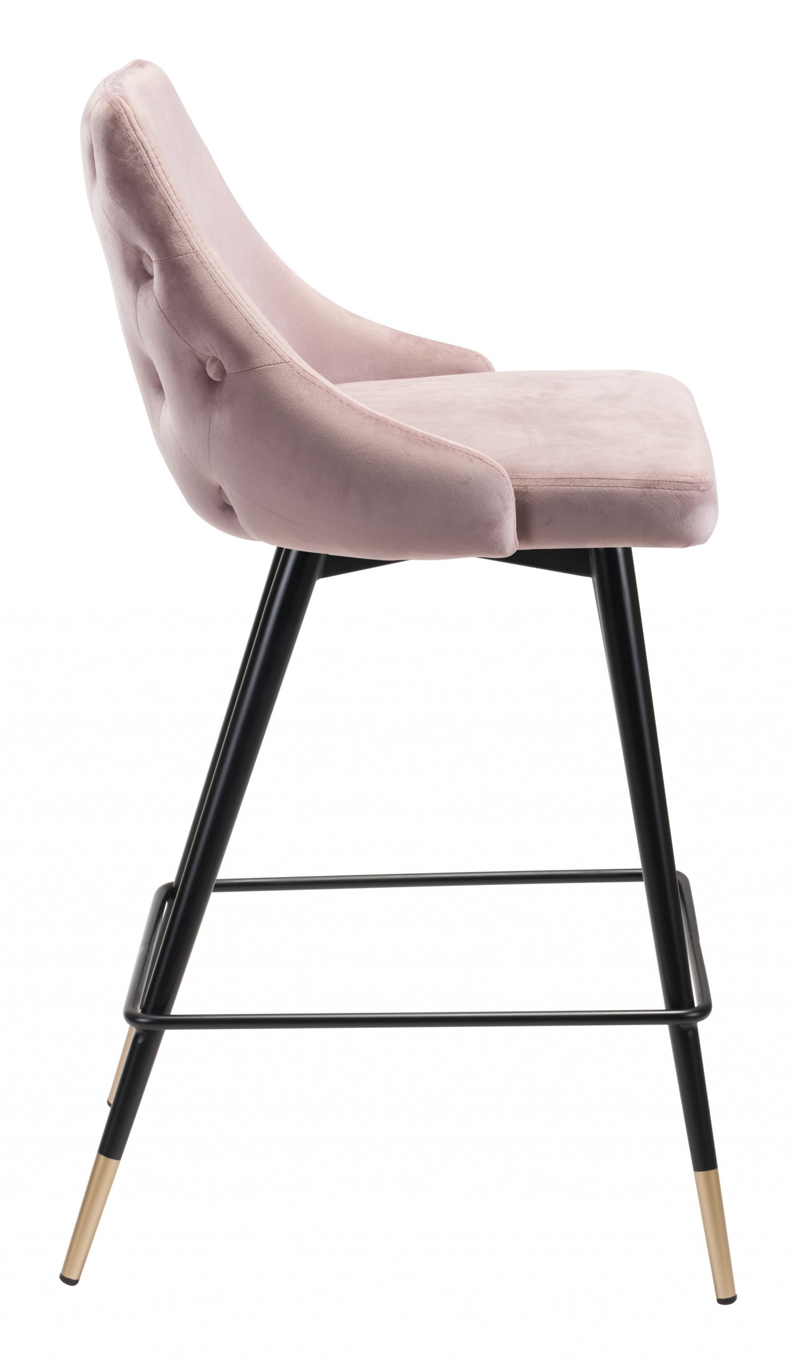 36" Pink Tufted Velvet and Black Counter Height Bar Chair With Footrest
