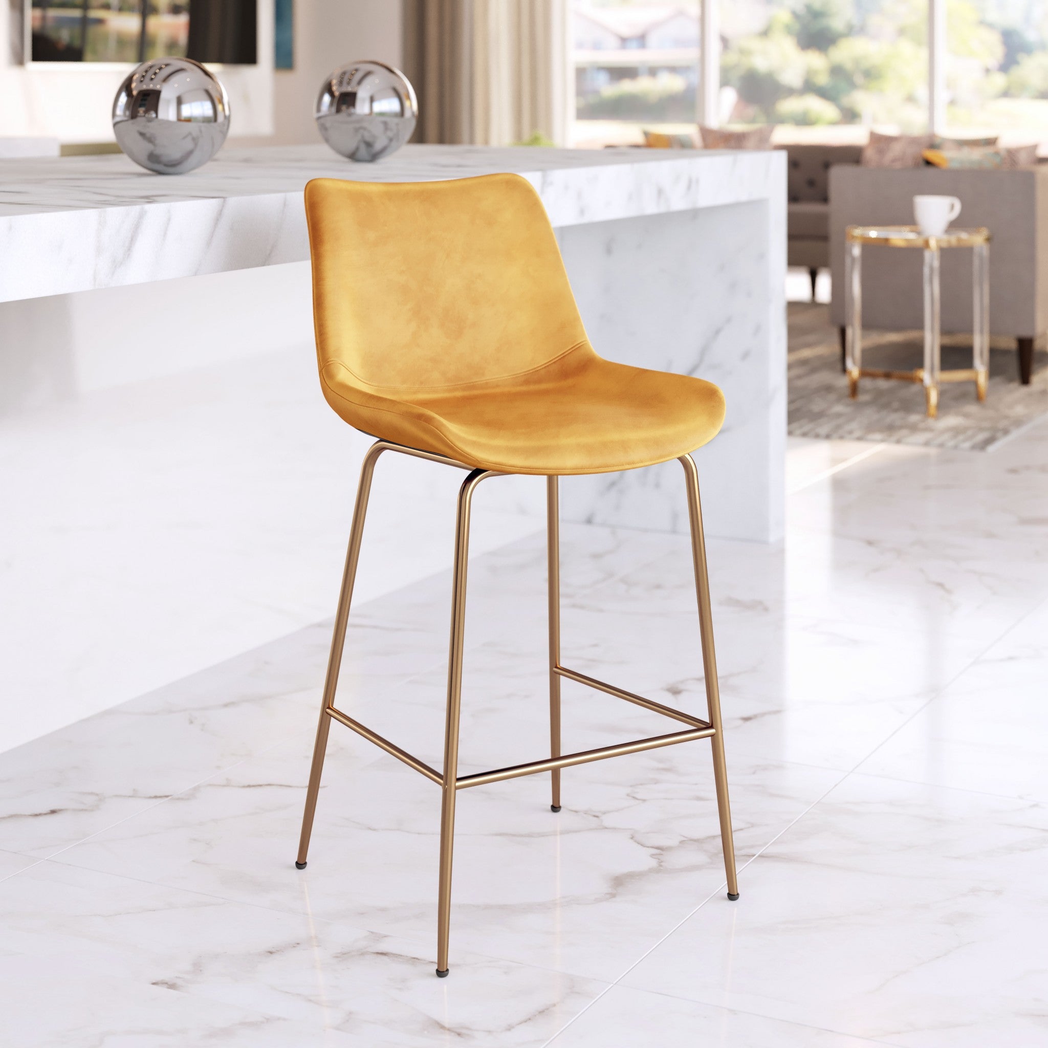 39" Yellow Velvet And Gold Low Back Counter Height Bar Chair With Footrest
