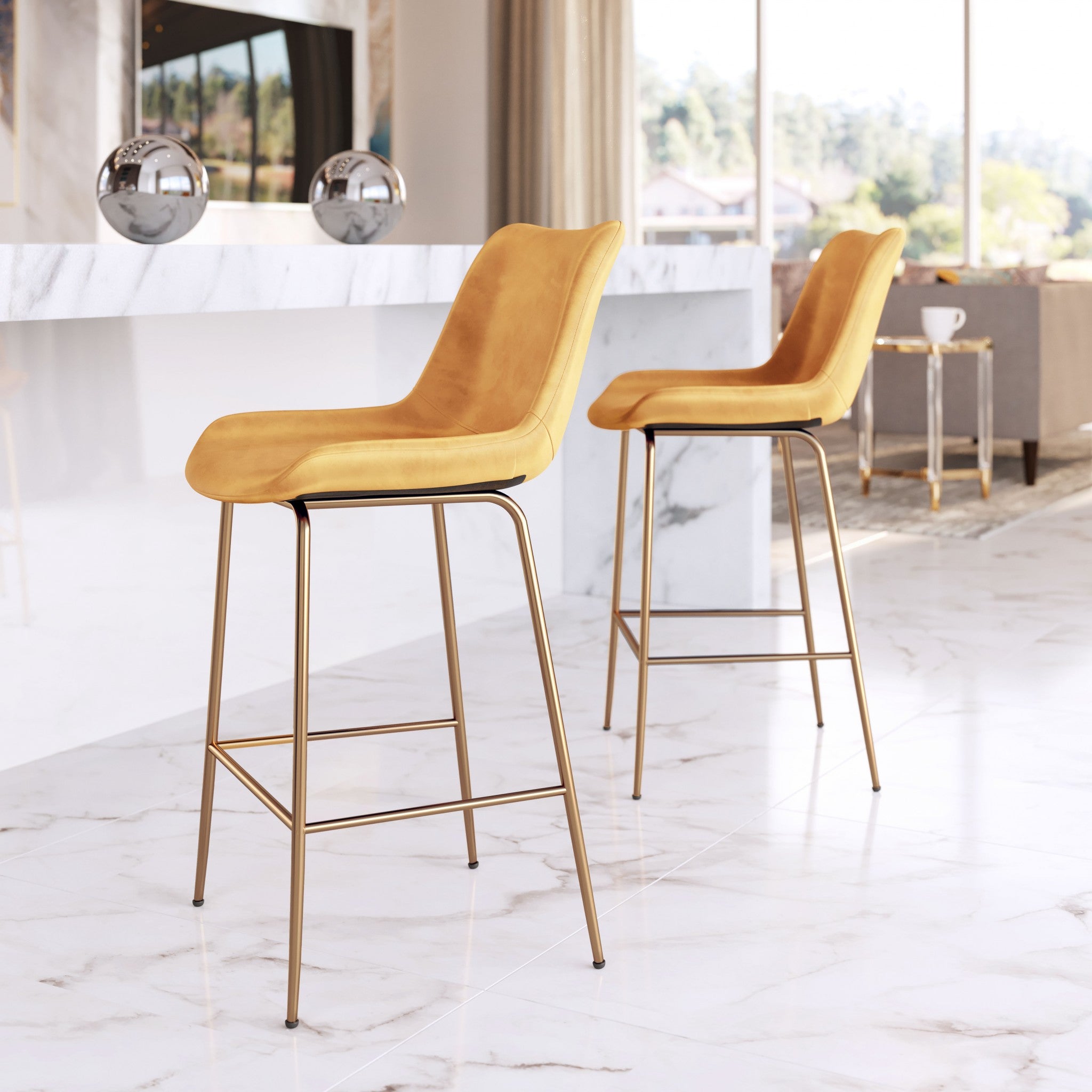 39" Yellow Velvet And Gold Low Back Counter Height Bar Chair With Footrest