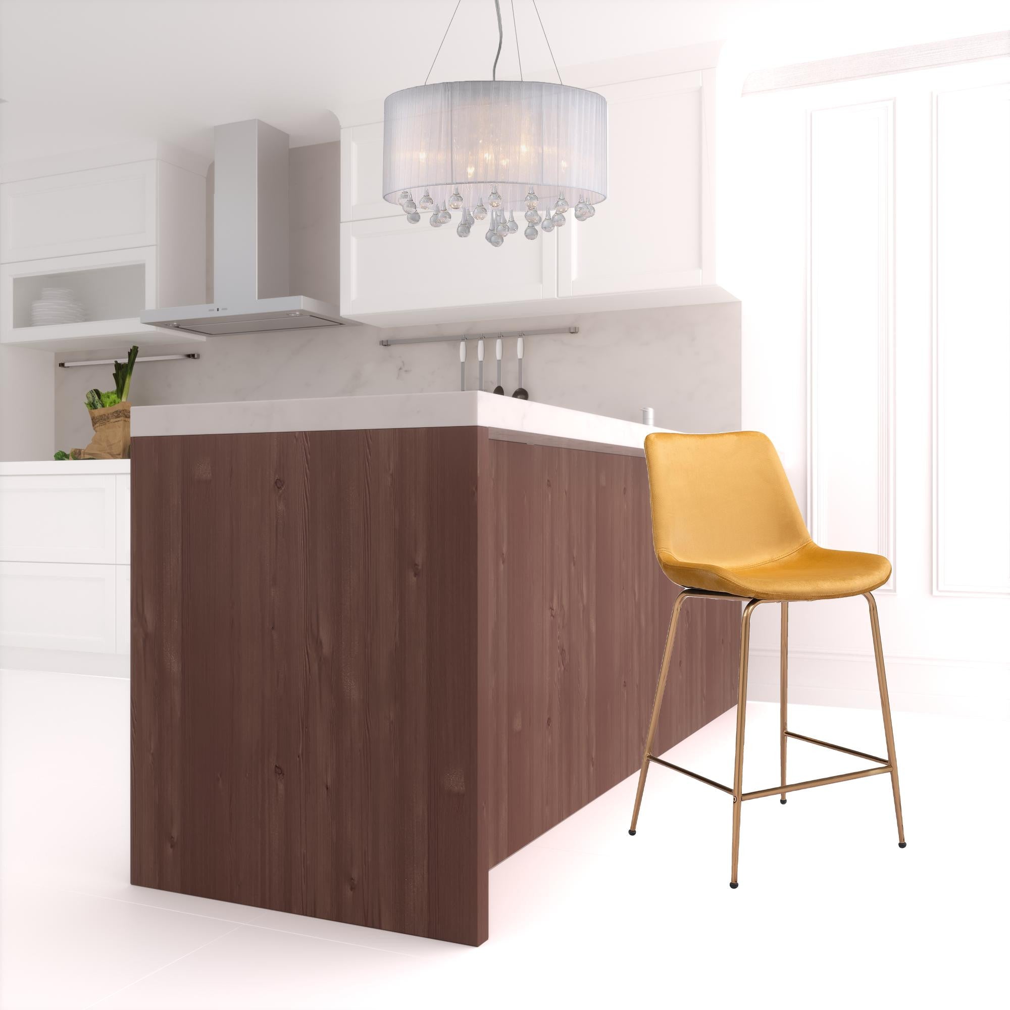 39" Yellow Velvet And Gold Low Back Counter Height Bar Chair With Footrest