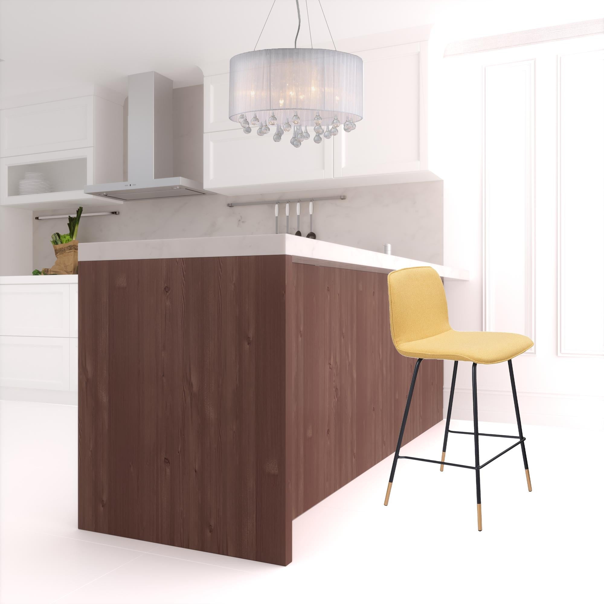 37" Yellow Upholstery and Black Steel Counter Height Bar Chair With Footrest