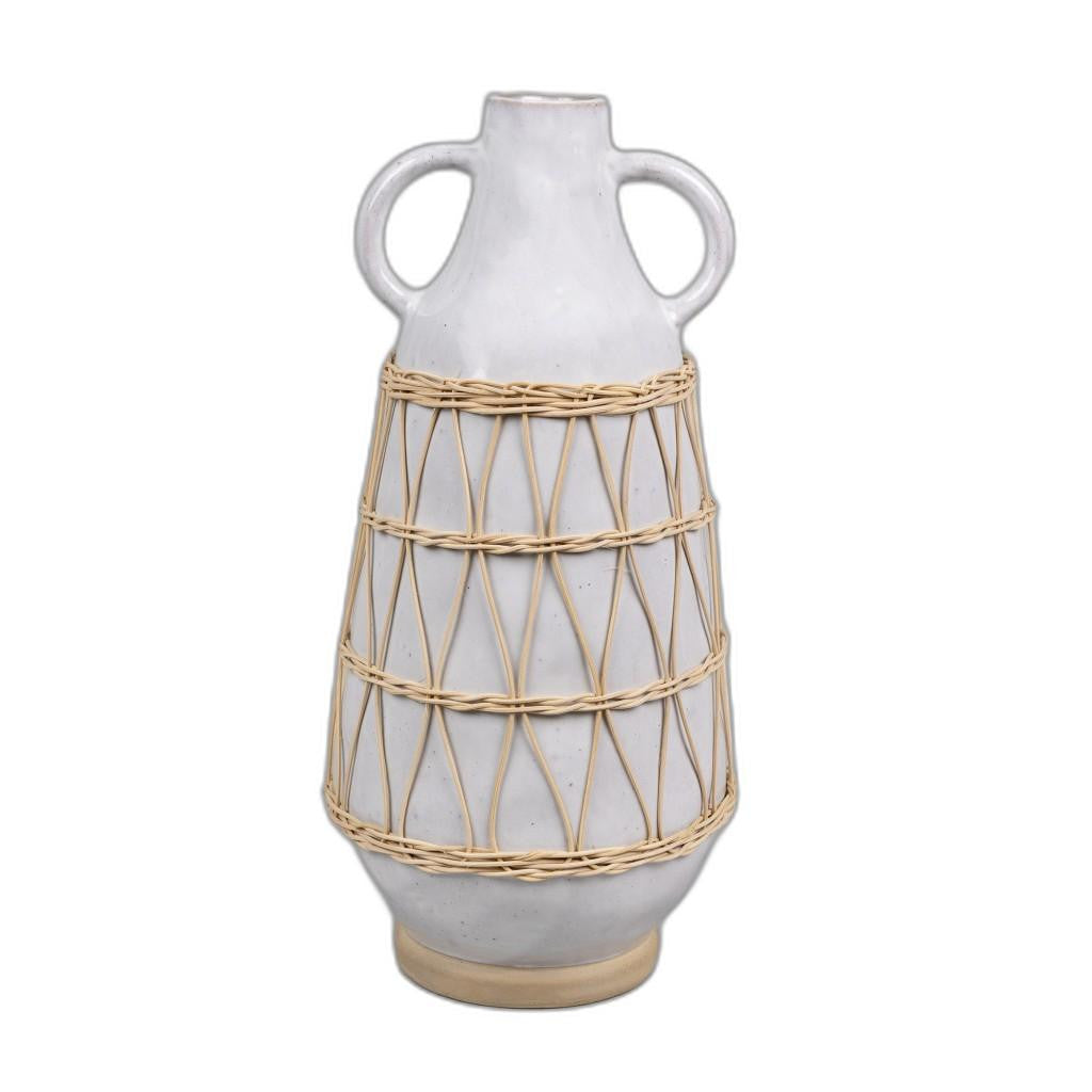 White Stone and Rattan Detail Long Vase