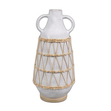 White Stone and Rattan Detail Long Vase