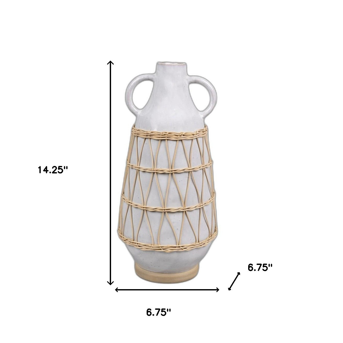 White Stone and Rattan Detail Long Vase