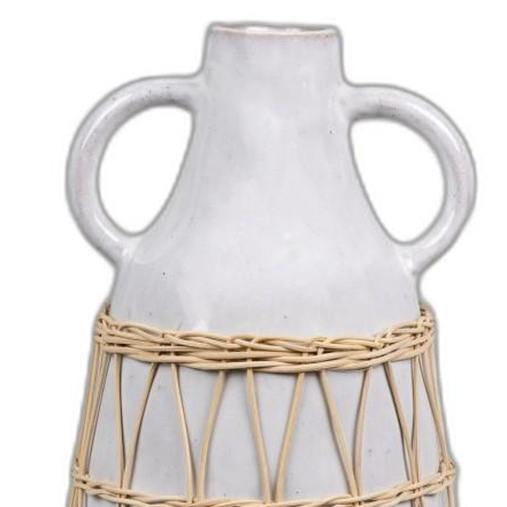 White Stone and Rattan Detail Long Vase
