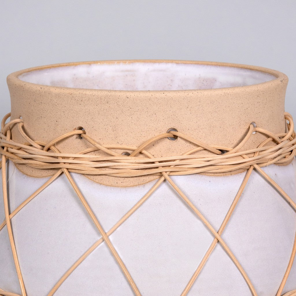 White Stone and Rattan Detail Planter