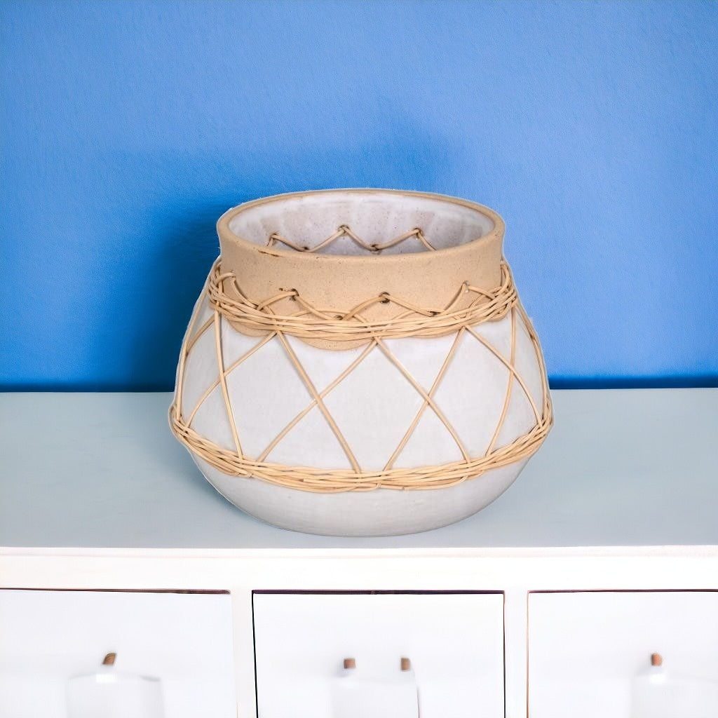 White Stone and Rattan Detail Planter
