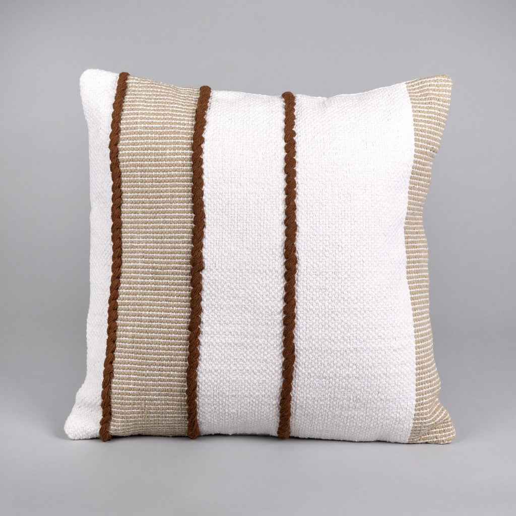 18" X 18" White And Brown Textured Striped White and Brown Throw Pillow