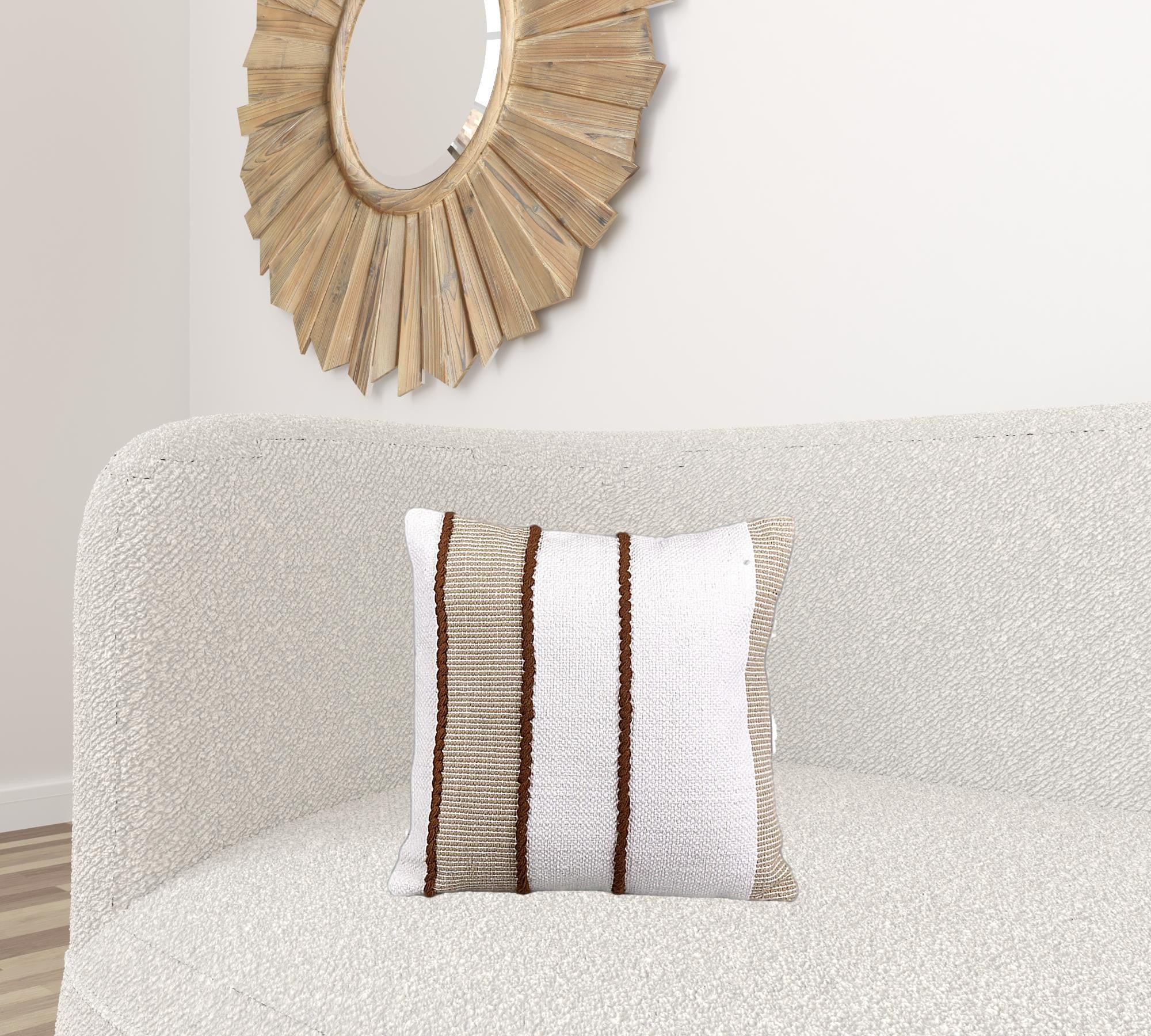 18" X 18" White And Brown Textured Striped White and Brown Throw Pillow