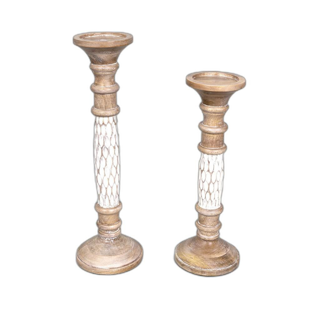 White Wooden Carved Candle Holders Set of Two