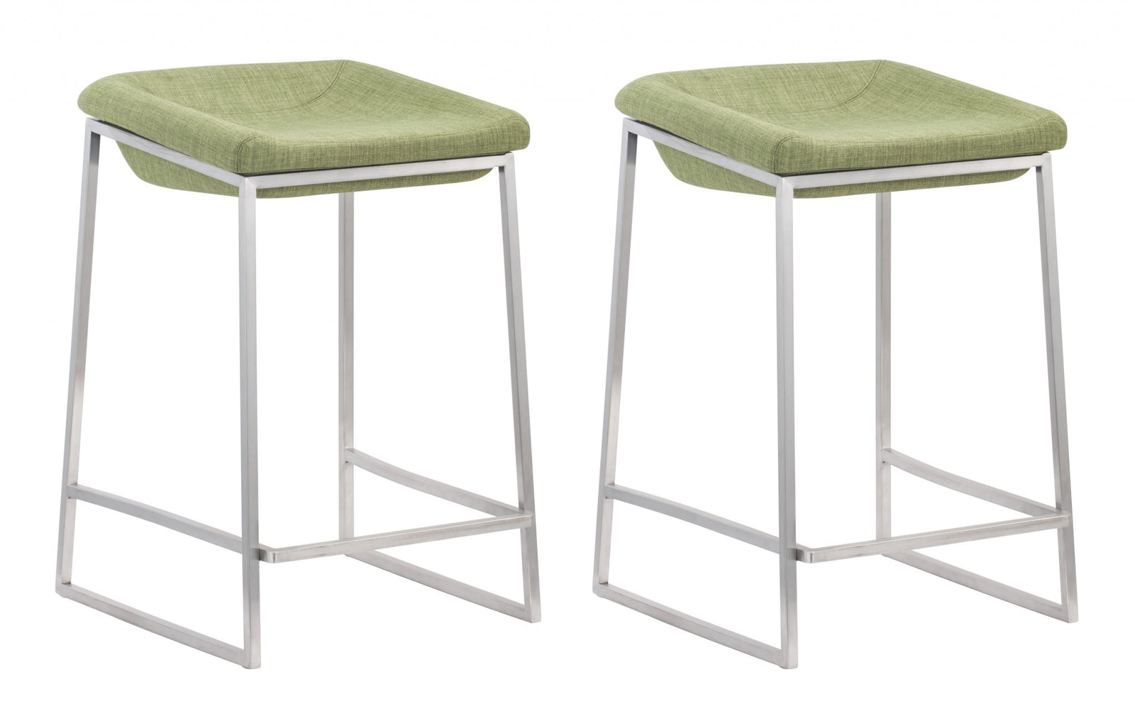 Set of Two Heathered Green and Stainless Indented Counter Stools