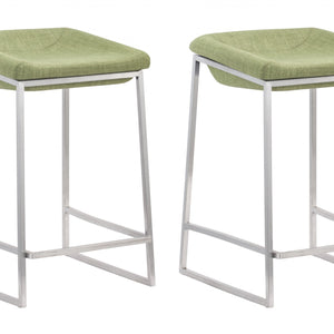 Set of Two Heathered Green and Stainless Indented Counter Stools