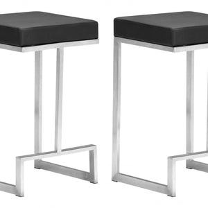 Set of Two Black Faux Leather and Stainless Geometric Backless Counter Stools
