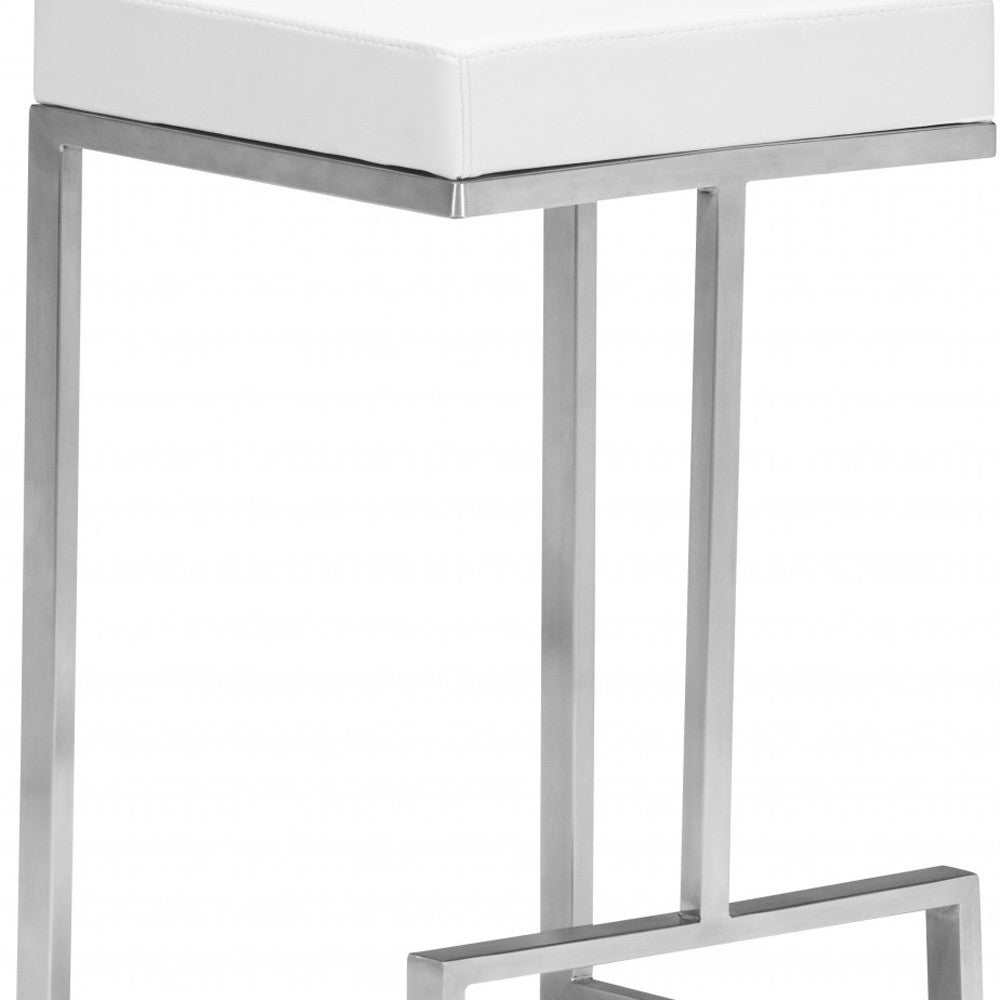 Set of Two White Faux Leather and Stainless Geometric Backless Counter Stools