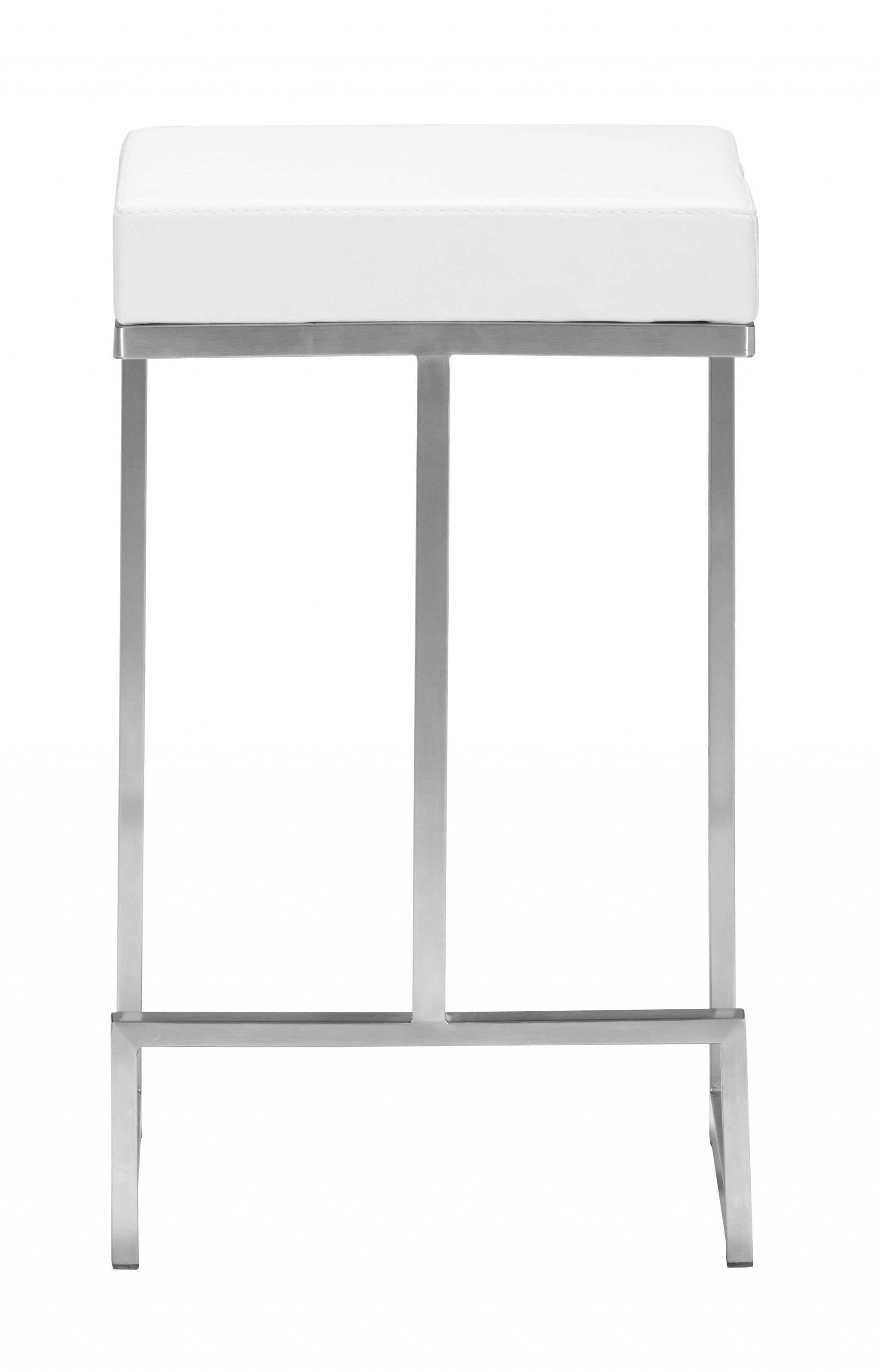 Set of Two White Faux Leather and Stainless Geometric Backless Counter Stools