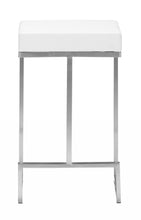 Set of Two White Faux Leather and Stainless Geometric Backless Counter Stools