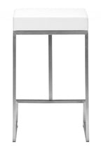 Set of Two White Faux Leather and Stainless Geometric Backless Counter Stools