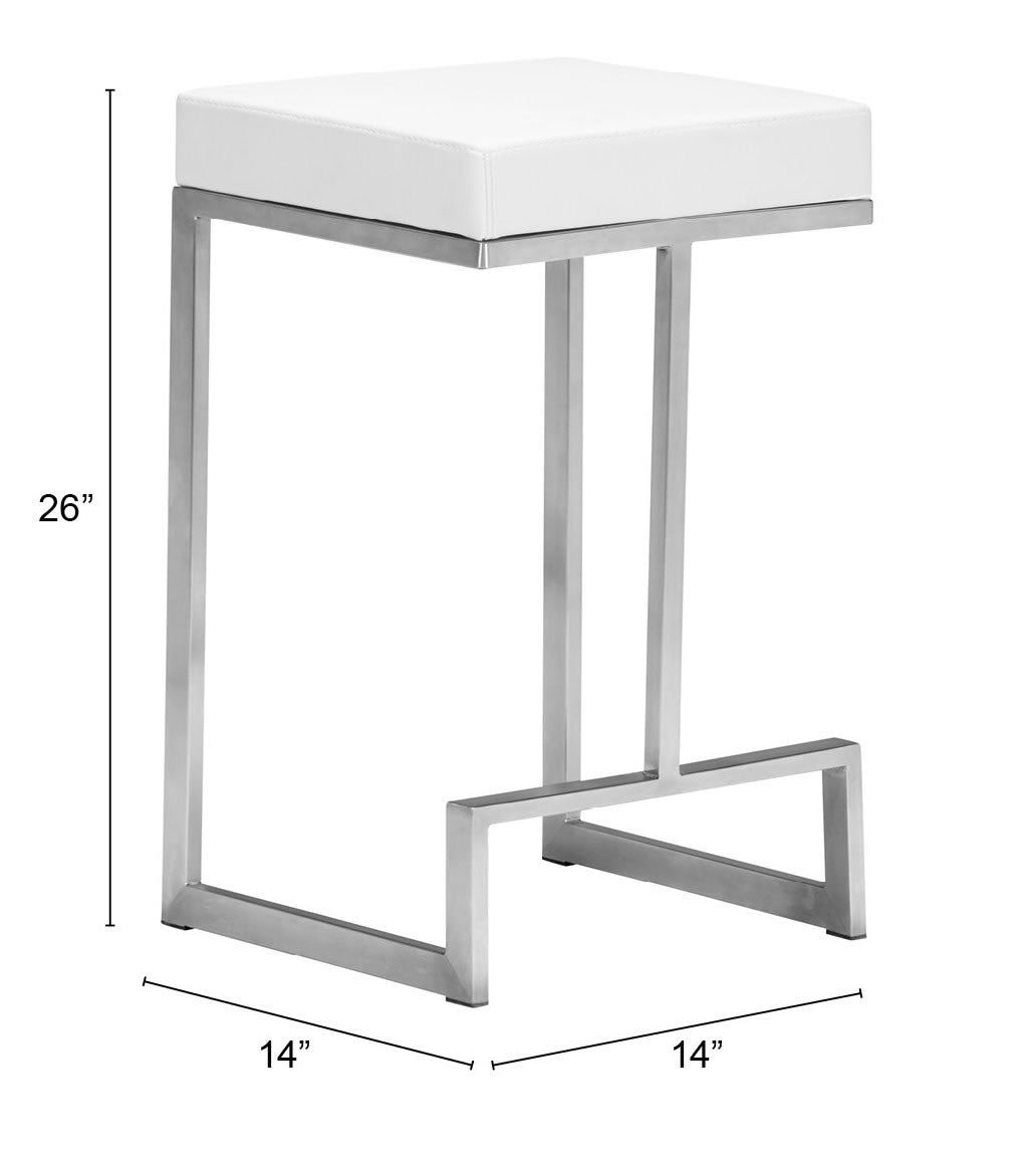 Set of Two White Faux Leather and Stainless Geometric Backless Counter Stools