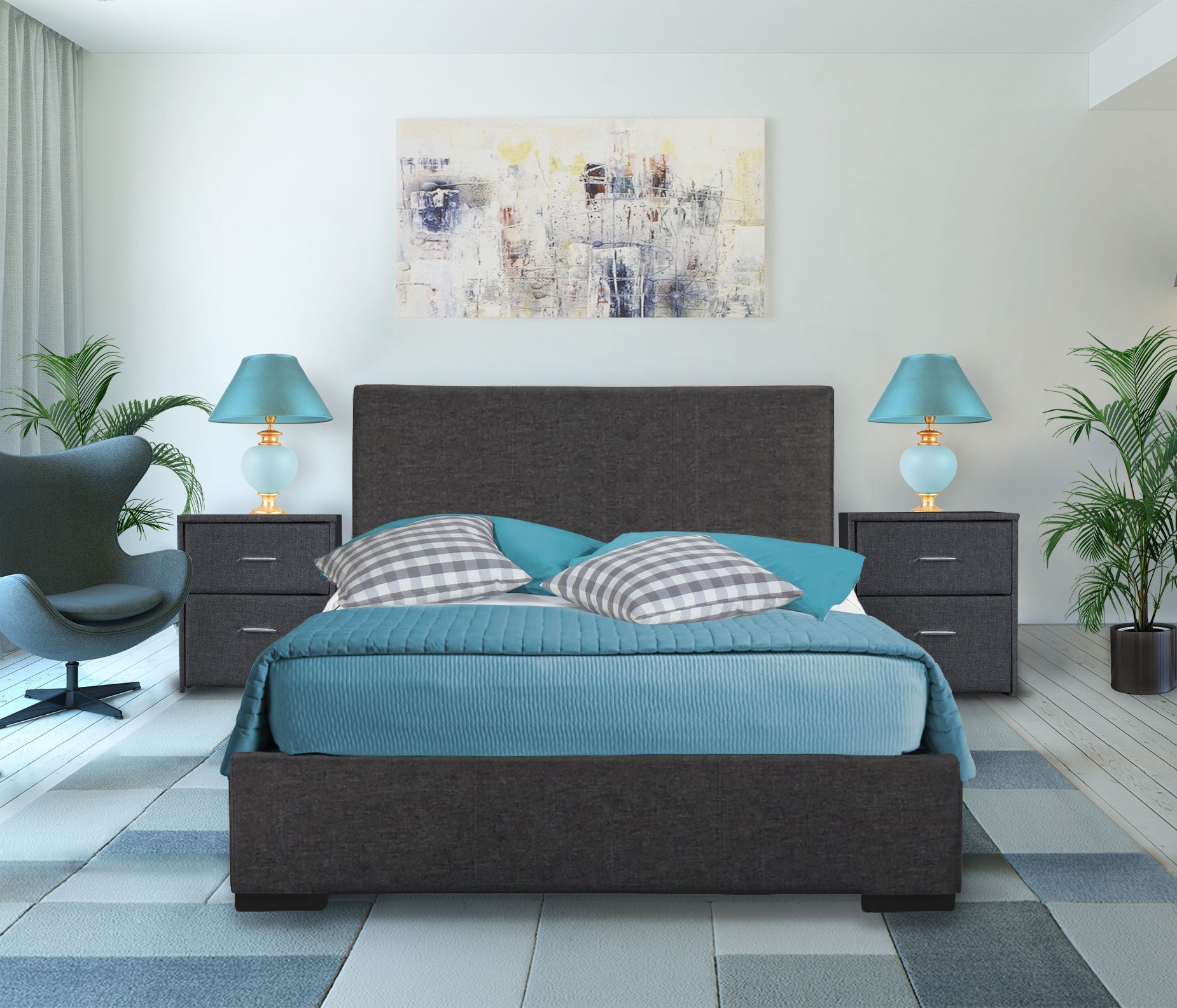 Black Upholstered Queen Platform Bed