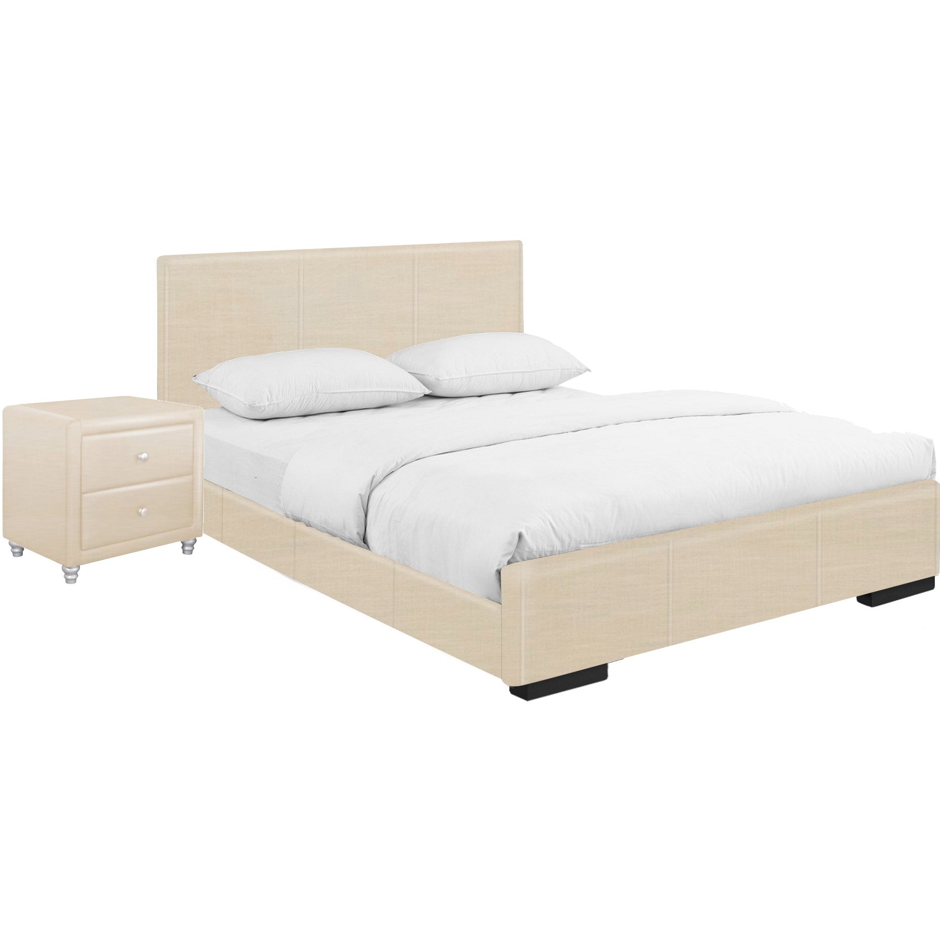 Solid Wood Beige Standard Bed Upholstered With Headboard