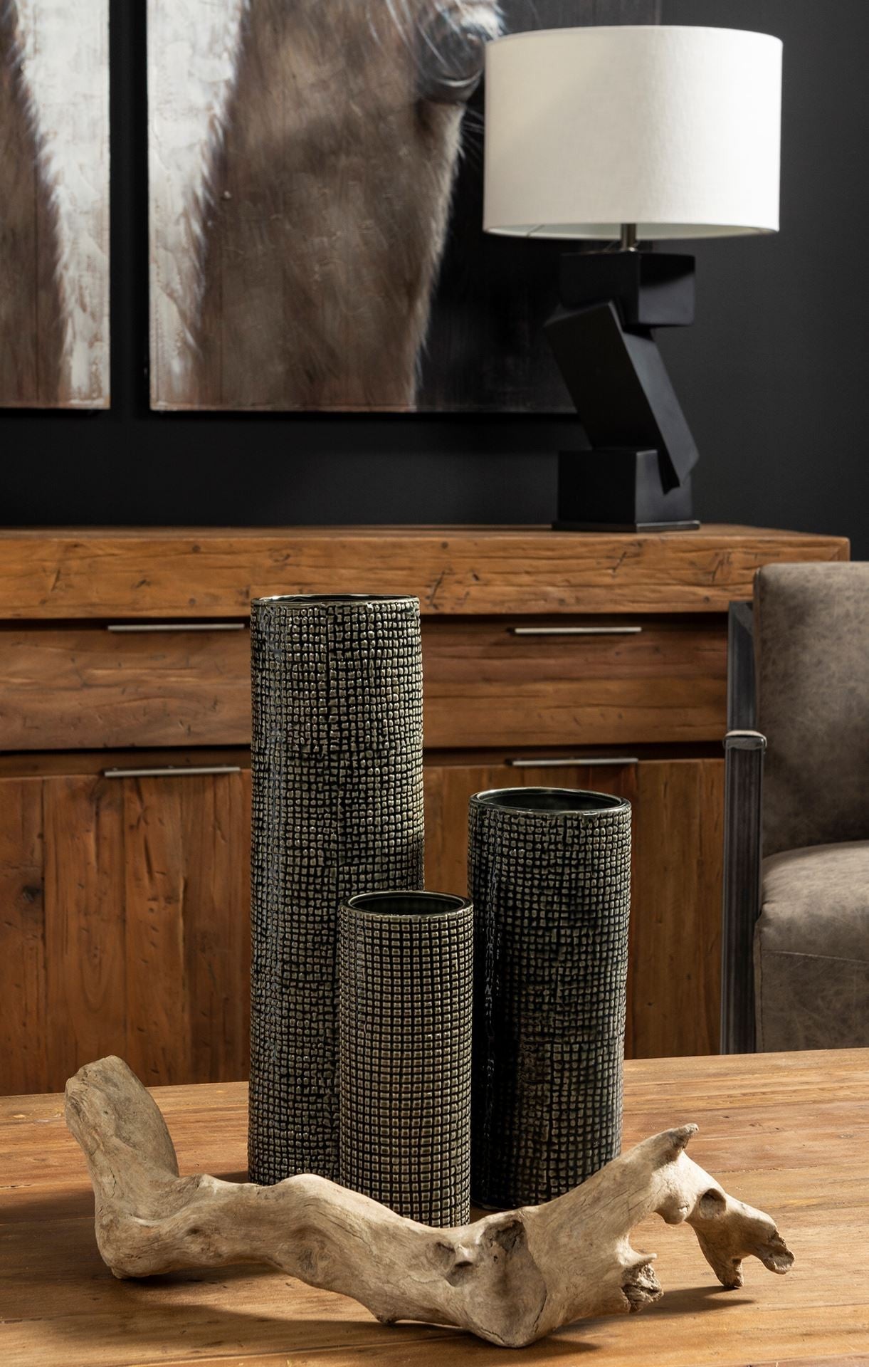 Black and Gold Check Tall Ceramic Vase 10"