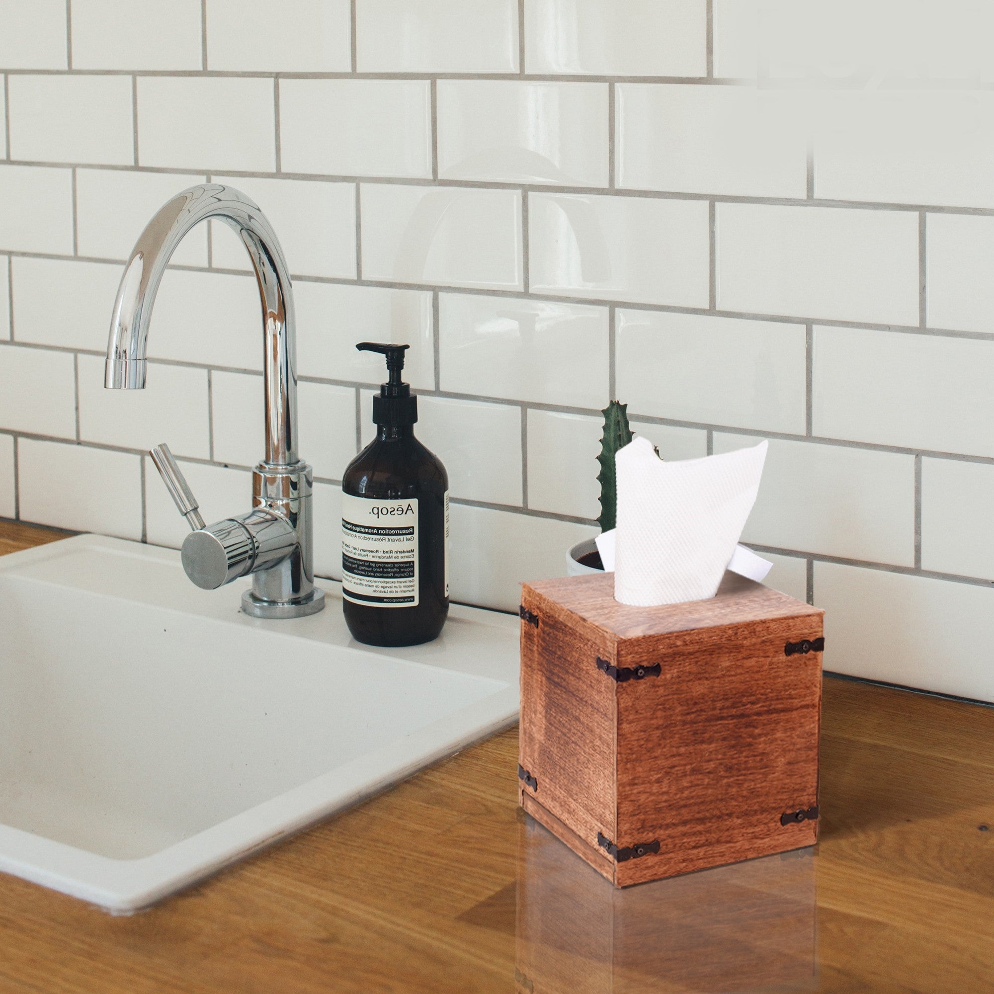 Set of 2 Rustic White Mango Wood Square Tissue Holders