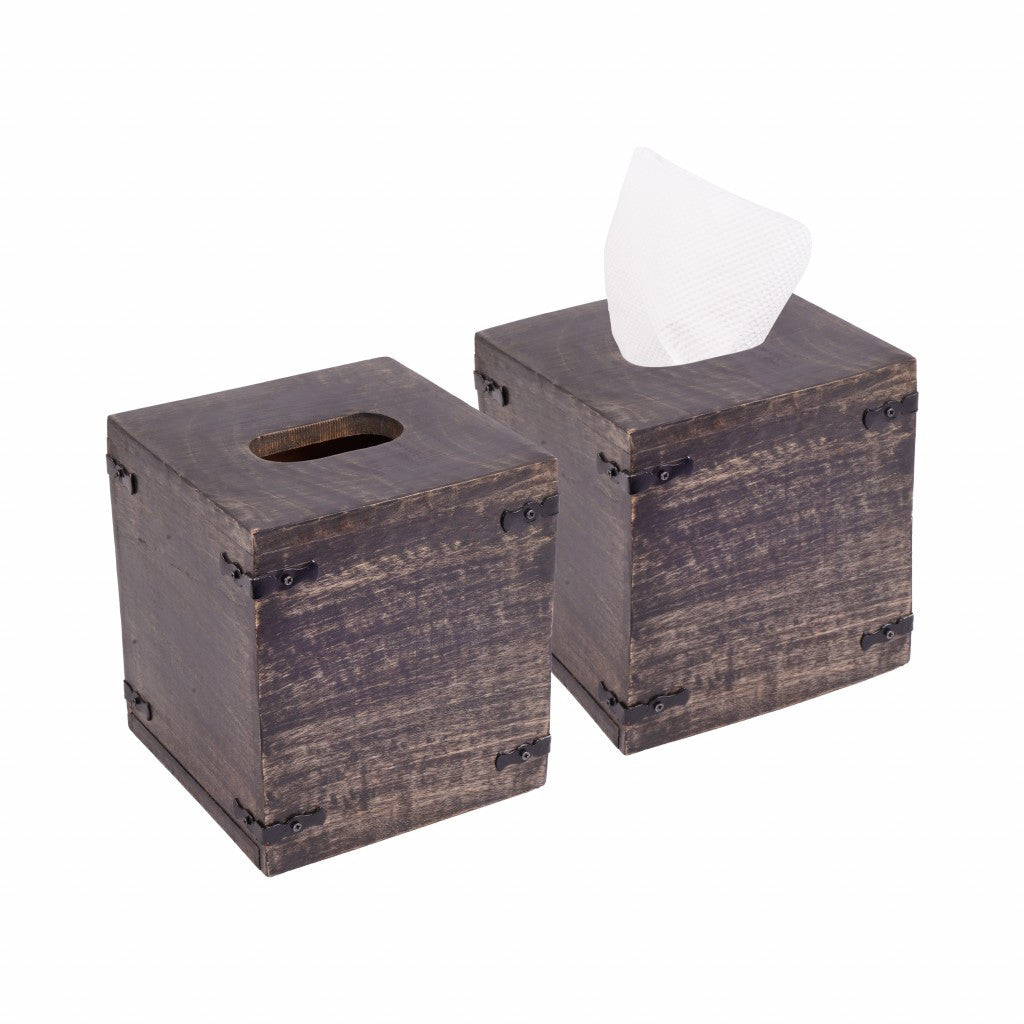 Set of 2 Rustic White Mango Wood Square Tissue Holders