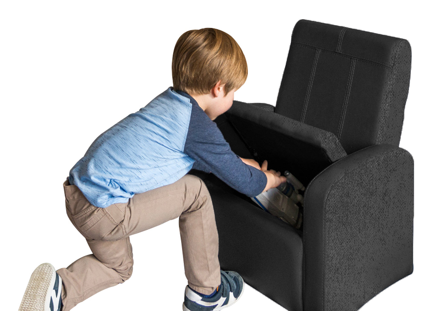 Silla reclinable tapizada cómoda negra para niños con almacenamiento