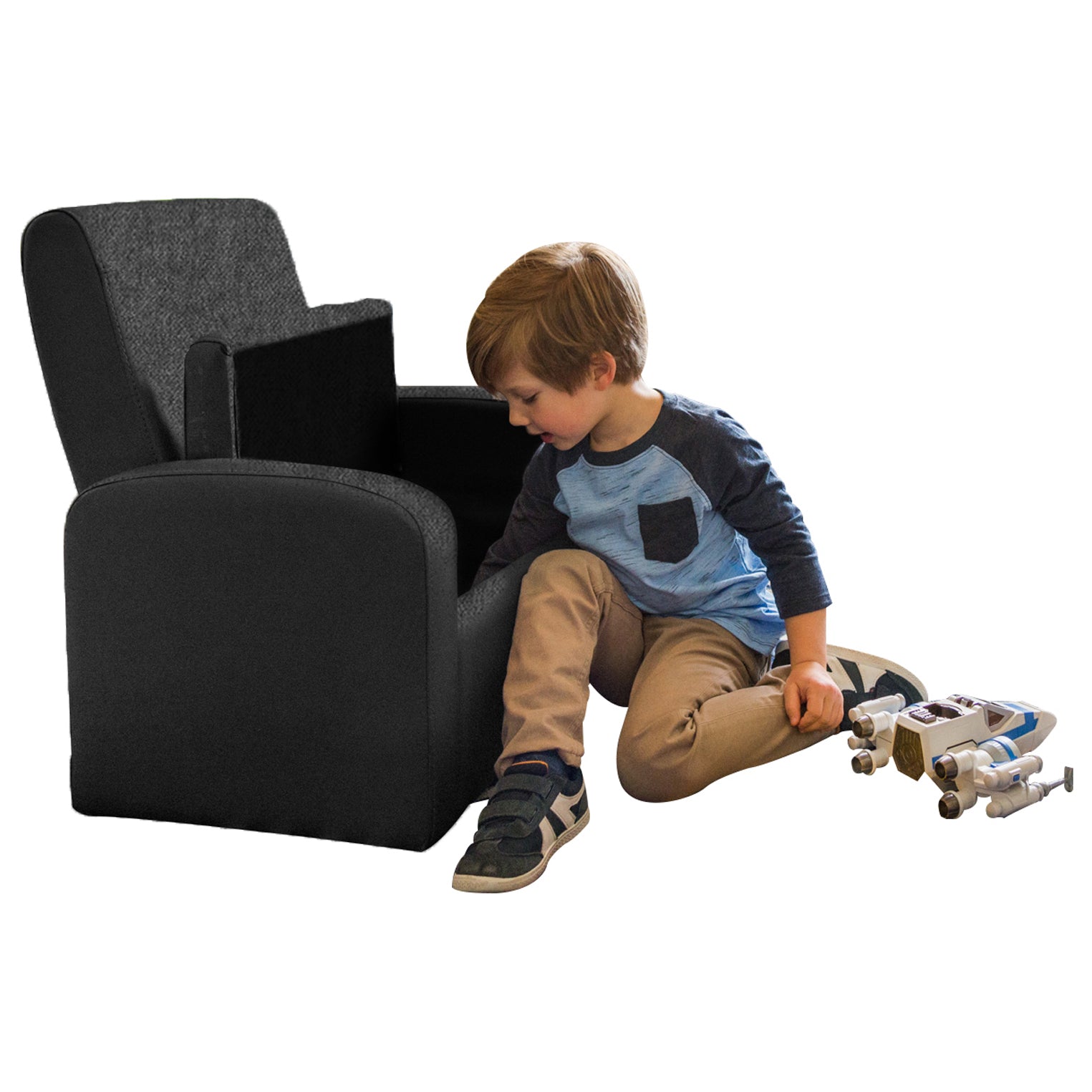 Silla reclinable tapizada cómoda negra para niños con almacenamiento