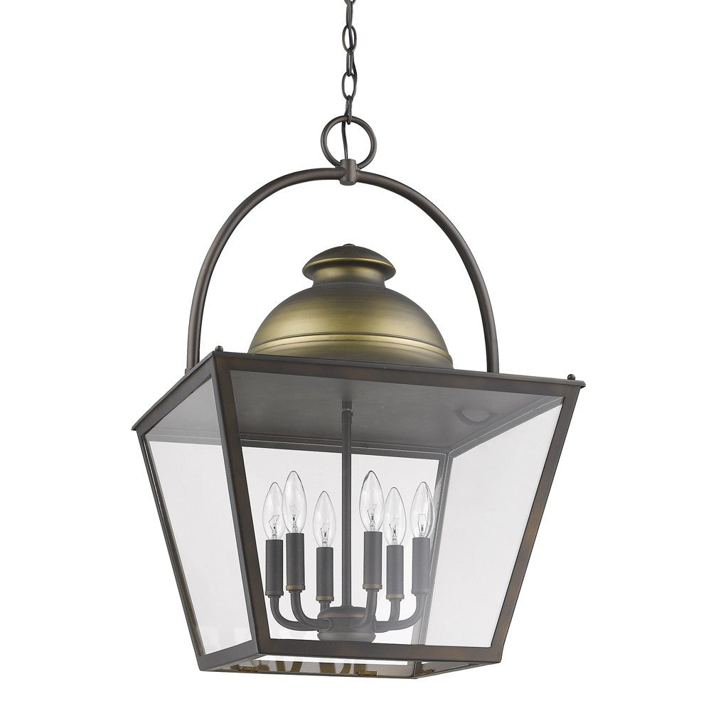 Savannah 6-Light Oil-Rubbed Bronze Foyer Pendant With Raw Brass Accents And Clear Glass Panes