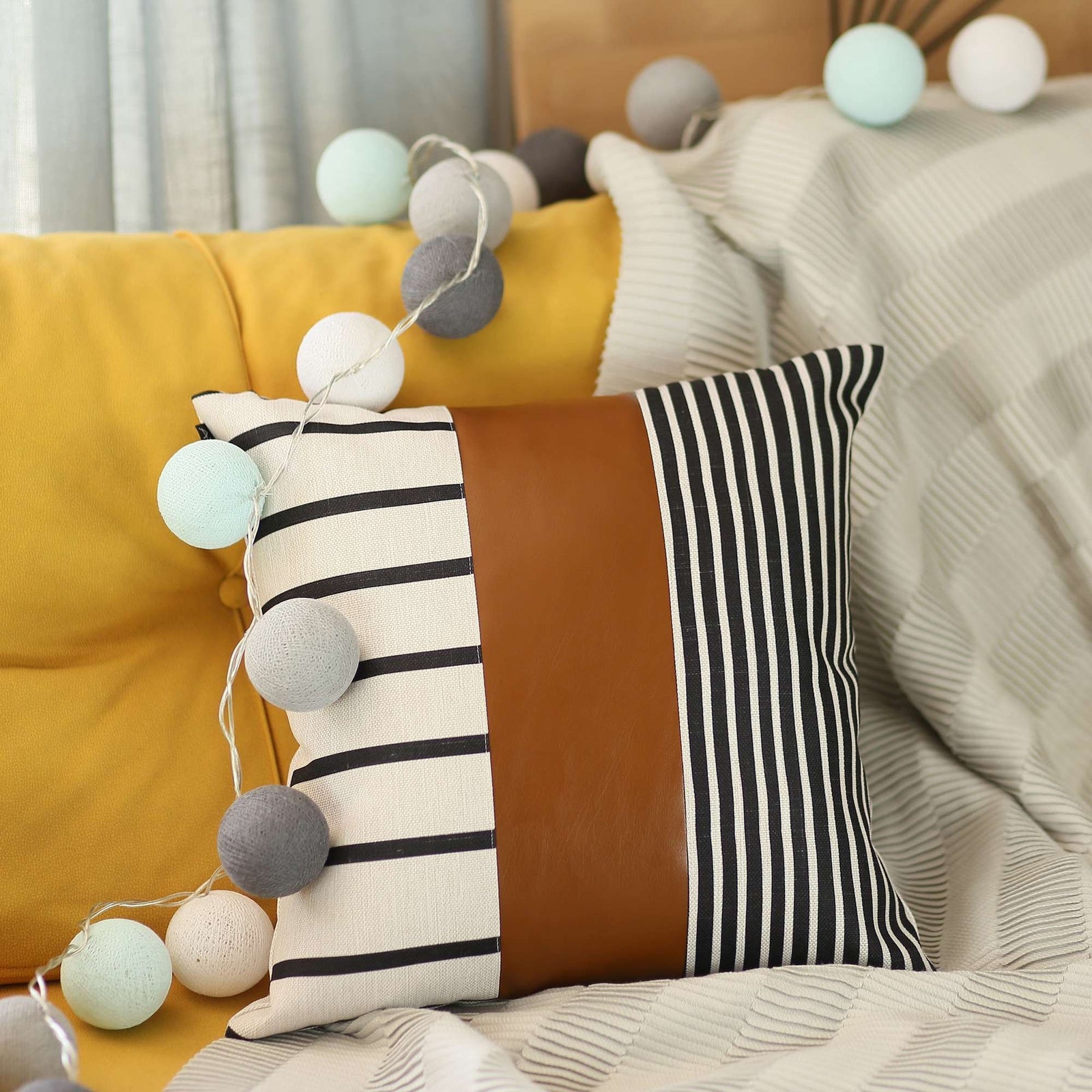 Bohemian Faux Leather and Striped Throw Pillow