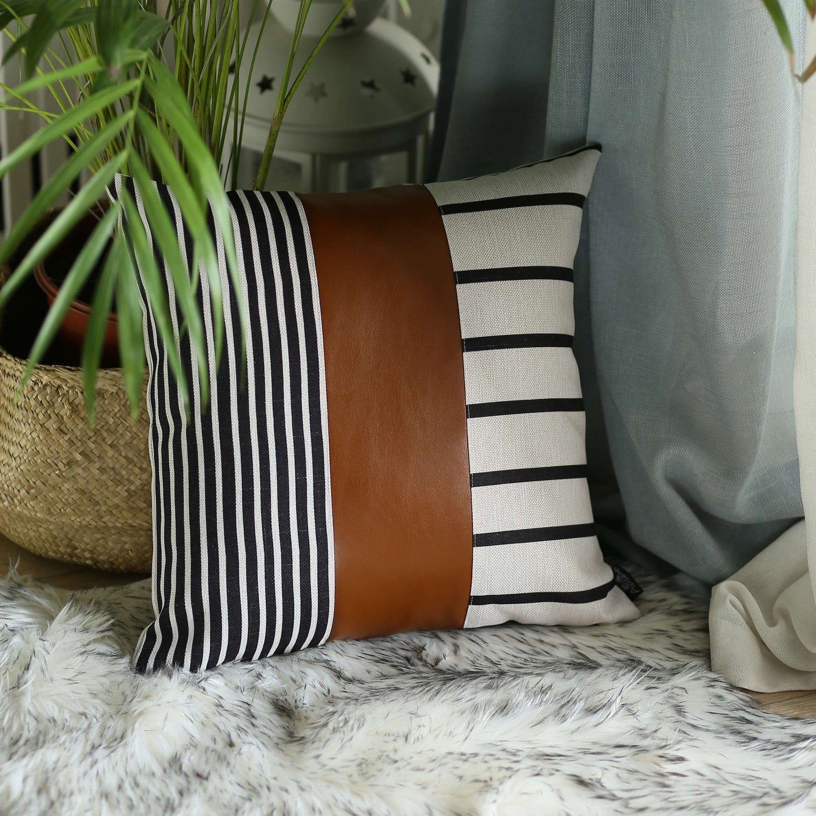 Bohemian Faux Leather and Striped Throw Pillow