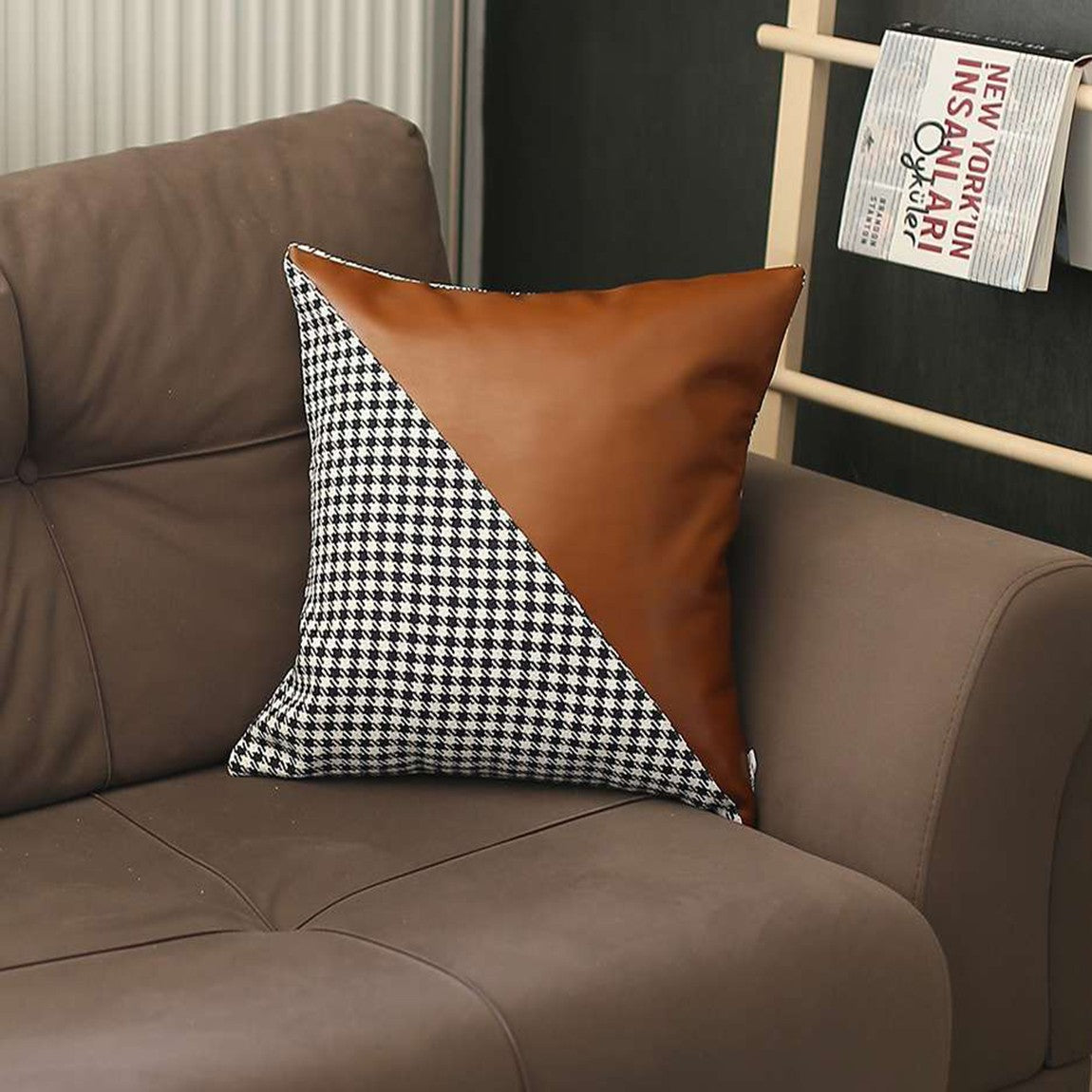 Houndstooth Brown Faux Leather Throw Pillow