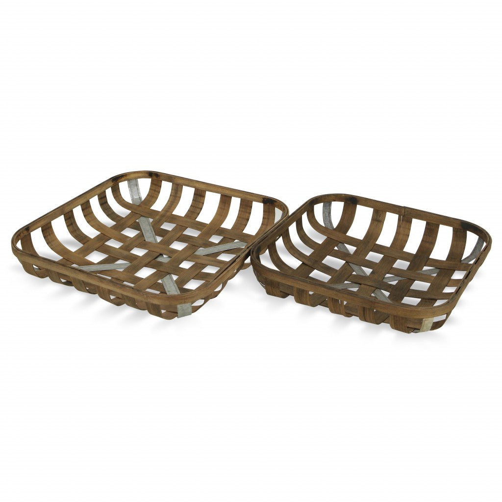 Set of Two Wood and Metal Lattice Weave Baskets