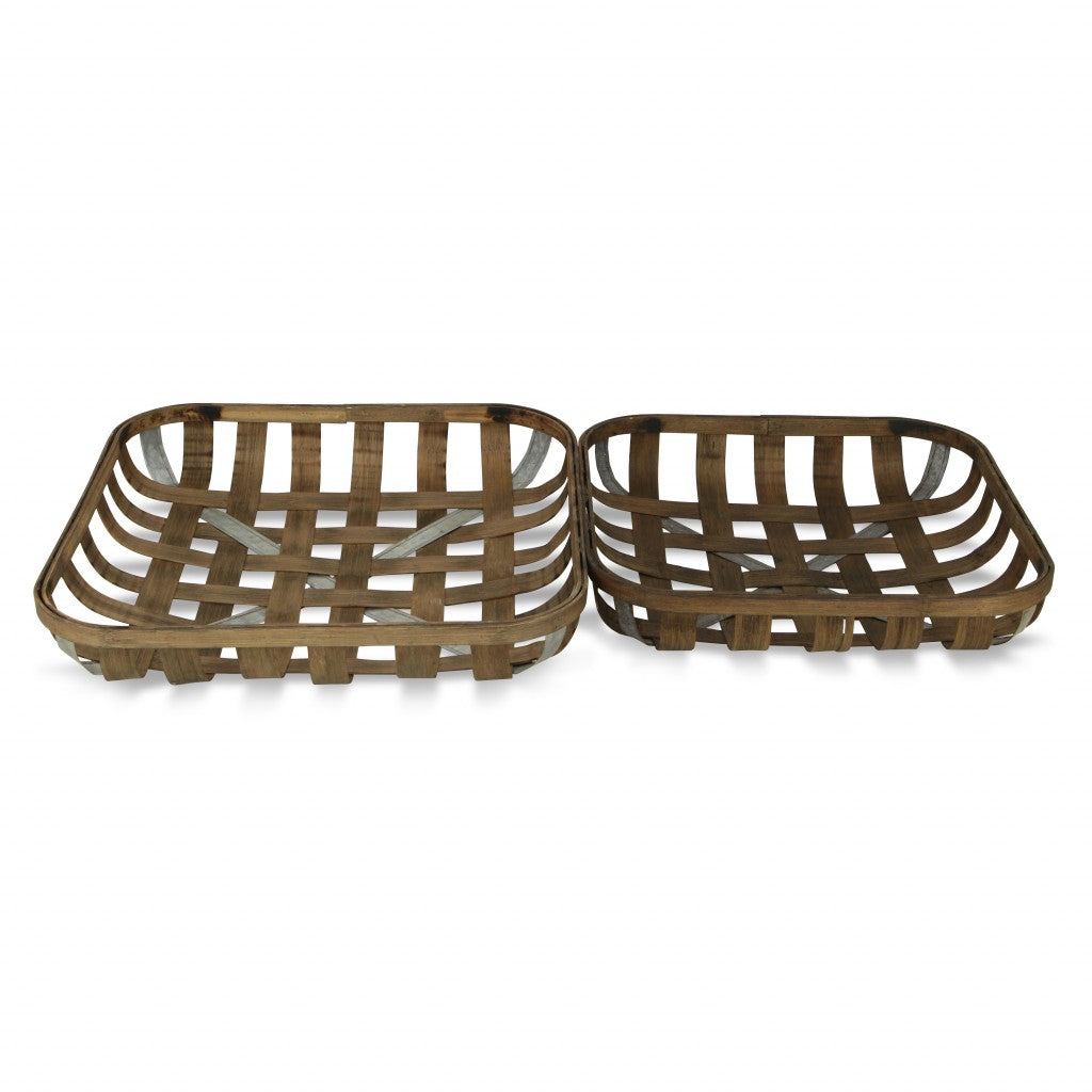 Set of Two Wood and Metal Lattice Weave Baskets