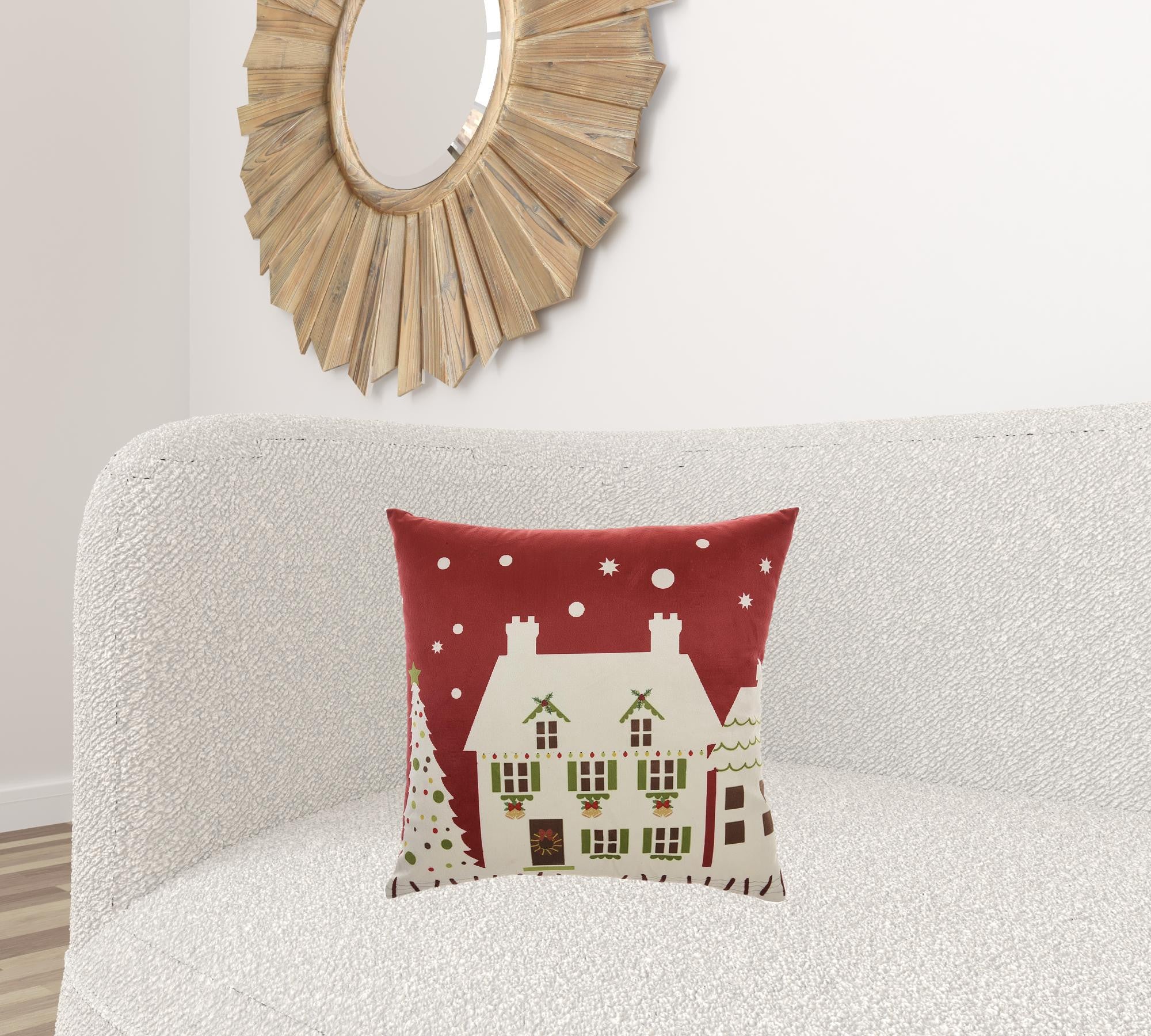 Red and White Christmas House Light Up Throw Pillow