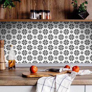 6" X 6" Black and White Daisy Peel and Stick Removable Tiles