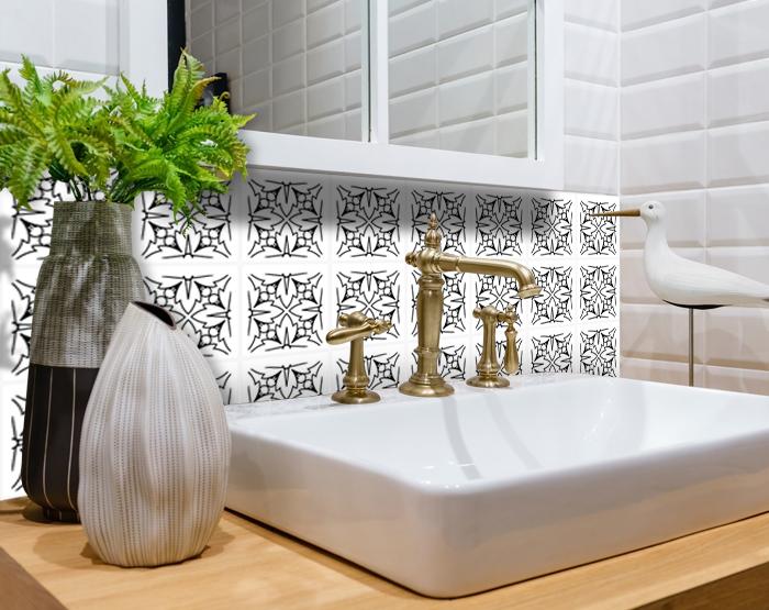 7" X 7" White and Black Cross Peel and Stick Removable Tiles