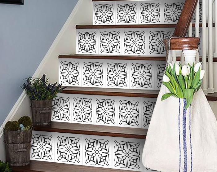 8" X 8" White and Black Cross Peel and Stick Removable Tiles