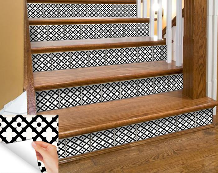 4" X 4" Black and White Dia Peel and Stick Removable Tiles