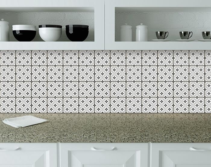 4" X 4" Black and White Rosa Peel and Stick Removable Tiles