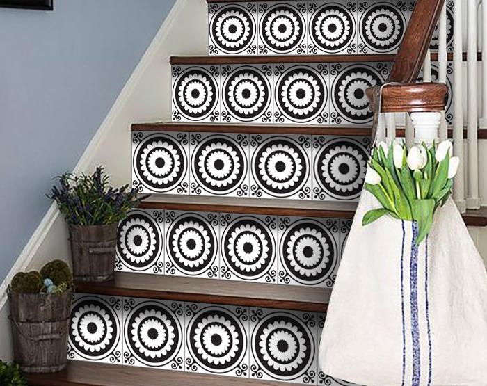 6" X 6" Black and White Posy Peel and Stick Removable Tiles