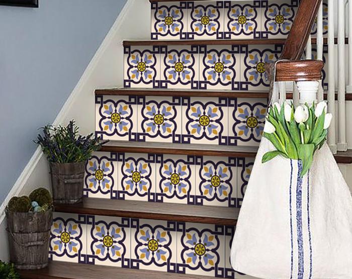 4" X 4" Azul Flora Peel and Stick Removable Tiles